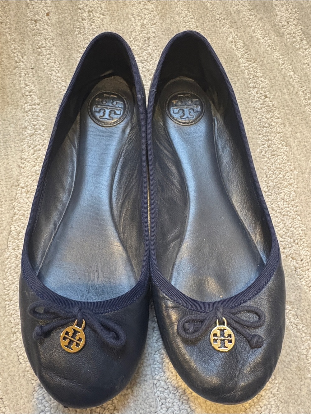 Tory Burch Navy Leather Ballet Flats with Gold Logo Medallions